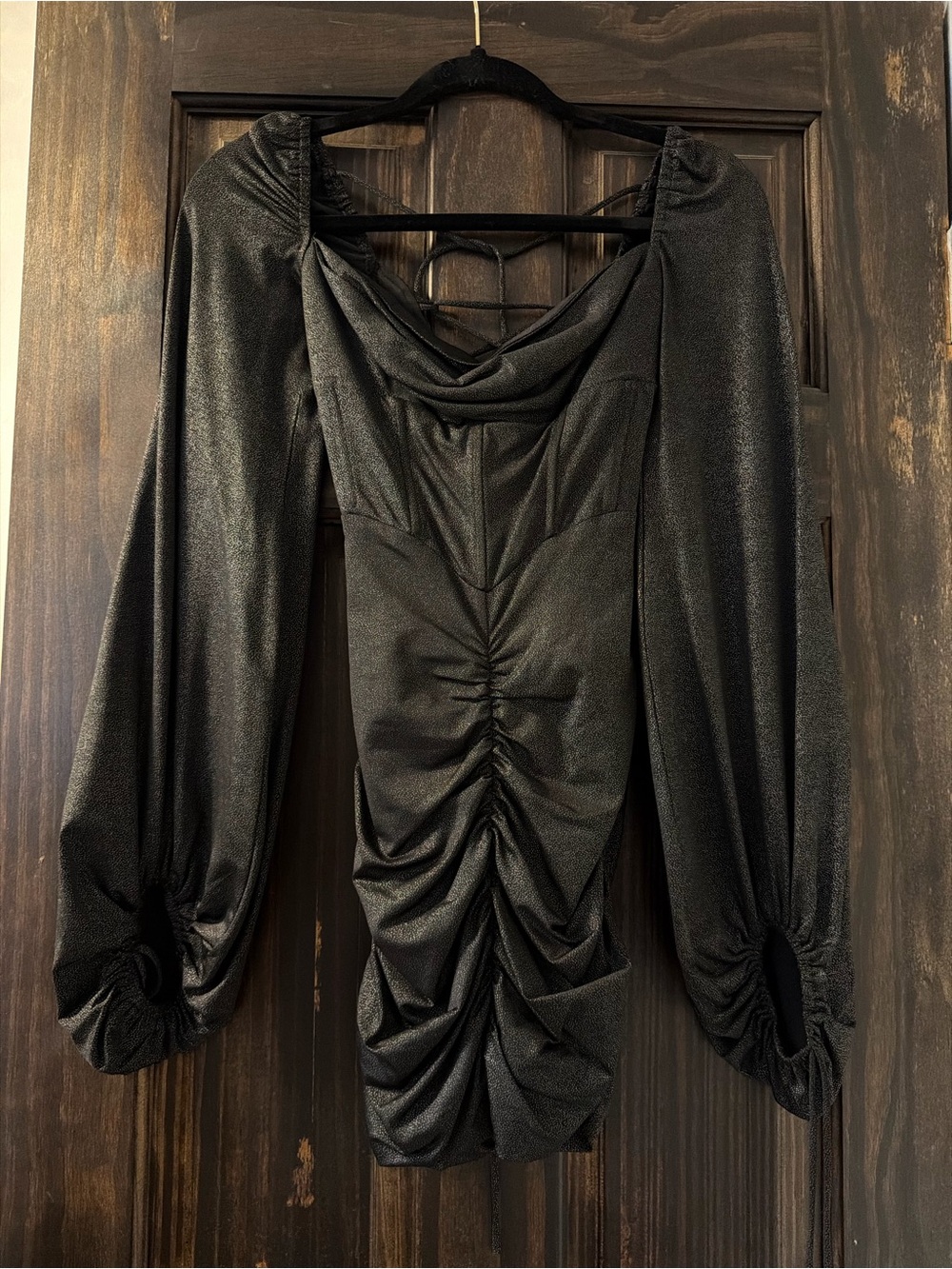 Shimmery Black Ruched Mini Dress with Balloon Sleeves